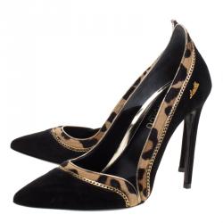 Pre Owned Loriblu Black Suede and Leopard Print Calf Hair Chain Embellished Pointed Toe Pumps Size 39