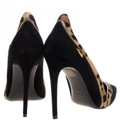 Pre Owned Loriblu Black Suede and Leopard Print Calf Hair Chain Embellished Pointed Toe Pumps Size 39