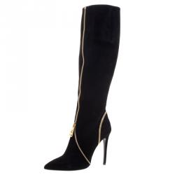 Loriblu Black Suede Zip Accent Knee High Pointed Toe Boots Size 38