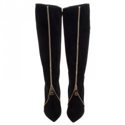 Loriblu Black Suede Zip Accent Knee High Pointed Toe Boots Size 38