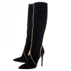 Loriblu Black Suede Zip Accent Knee High Pointed Toe Boots Size 38