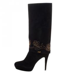 Loriblu Black Suede Cuff Embroidered Calf Length Boots Size 38