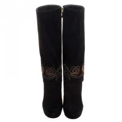 Loriblu Black Suede Cuff Embroidered Calf Length Boots Size 38
