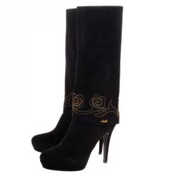 Loriblu Black Suede Cuff Embroidered Calf Length Boots Size 38