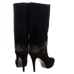 Loriblu Black Suede Cuff Embroidered Calf Length Boots Size 38