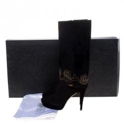 Loriblu Black Suede Cuff Embroidered Calf Length Boots Size 38