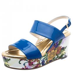 Pre Owned Loriblu Blue Patent Leather Floral Printed Wedge Sandals Size 37.5