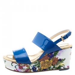 Pre Owned Loriblu Blue Patent Leather Floral Printed Wedge Sandals Size 37.5