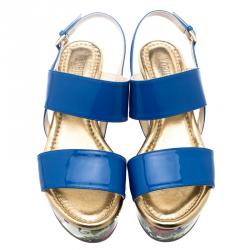 Pre Owned Loriblu Blue Patent Leather Floral Printed Wedge Sandals Size 37.5