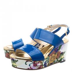 Pre Owned Loriblu Blue Patent Leather Floral Printed Wedge Sandals Size 37.5