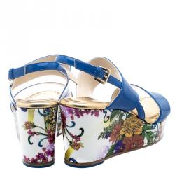 Pre Owned Loriblu Blue Patent Leather Floral Printed Wedge Sandals Size 37.5