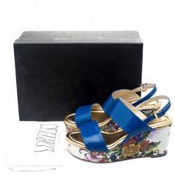 Pre Owned Loriblu Blue Patent Leather Floral Printed Wedge Sandals Size 37.5