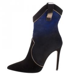 Pre Owned Loriblu Black/Blue Ombre Pony Hair High Heel Boots Size 37.5