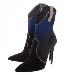 Pre Owned Loriblu Black/Blue Ombre Pony Hair High Heel Boots Size 37.5
