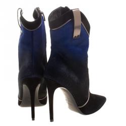 Pre Owned Loriblu Black/Blue Ombre Pony Hair High Heel Boots Size 37.5