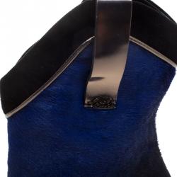 Pre Owned Loriblu Black/Blue Ombre Pony Hair High Heel Boots Size 37.5