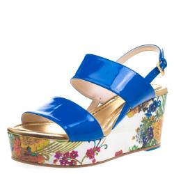 Pre Owned Loriblu Blue Patent Leather Floral Printed Wedge Sandals Size 37.5