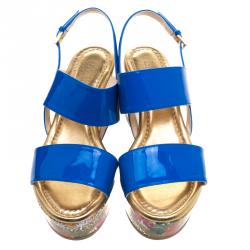 Pre Owned Loriblu Blue Patent Leather Floral Printed Wedge Sandals Size 37.5