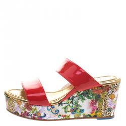 Loriblu Red Patent Leather Floral Printed Wedge Sandals Size 40