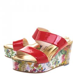 Loriblu Red Patent Leather Floral Printed Wedge Sandals Size 40