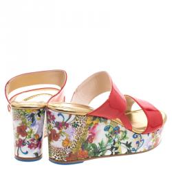 Loriblu Red Patent Leather Floral Printed Wedge Sandals Size 40