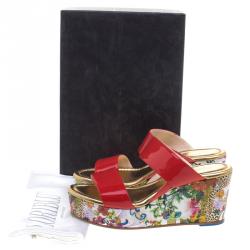 Loriblu Red Patent Leather Floral Printed Wedge Sandals Size 40