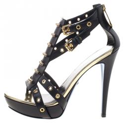 Pre Owned Loriblu Black Leather Strappy Eyelet Detail Platform Sandals Size 39