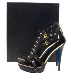 Pre Owned Loriblu Black Leather Strappy Eyelet Detail Platform Sandals Size 39