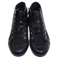 Pre Owned Loriblu Black Crystal Embroidered Suede and Leather High Top Sneakers Size 39