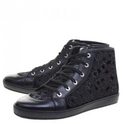 Pre Owned Loriblu Black Crystal Embroidered Suede and Leather High Top Sneakers Size 39