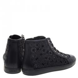 Pre Owned Loriblu Black Crystal Embroidered Suede and Leather High Top Sneakers Size 39