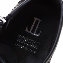 Pre Owned Loriblu Black Crystal Embroidered Suede and Leather High Top Sneakers Size 39