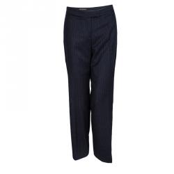 Pre Owned Loro Piana Navy Blue Striped Wool Wide Leg Trousers M