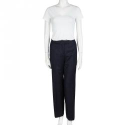 Pre Owned Loro Piana Navy Blue Striped Wool Wide Leg Trousers M