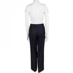 Pre Owned Loro Piana Navy Blue Striped Wool Wide Leg Trousers M