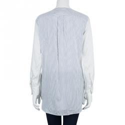 Pre Owned Loro Piana Off-White Striped Mandarin Collar Long Sleeve Silk Shirt S