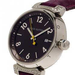 Louis Vuitton Black Stainless Steel Diamond Tambour Women's Wristwatch 34MM