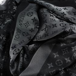 Pre Owned Louis Vuitton Black Monogram Shine Wool and Silk Fringe Edged Shawl