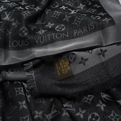 Pre Owned Louis Vuitton Black Monogram Shine Wool and Silk Fringe Edged Shawl
