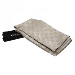 Pre Owned Louis Vuitton Gold and Grey Monogram Shine Wool & Silk Fringe Edged Shawl