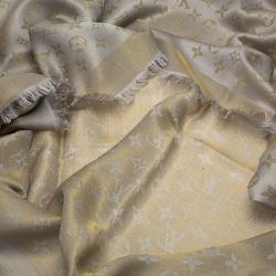 Pre Owned Louis Vuitton Gold and Grey Monogram Shine Wool and Silk Fringe Edged Shawl