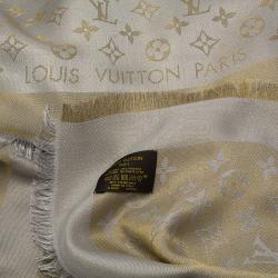 Pre Owned Louis Vuitton Gold and Grey Monogram Shine Wool and Silk Fringe Edged Shawl