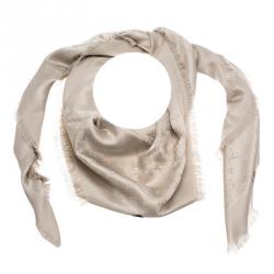 Pre Owned Louis Vuitton Beige Monogram Wool & Silk Fringe Edged Shawl