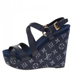 Louis Vuitton Blue Denim And Leather Ocean Criss Cross Wedge Sandals Size  39 Louis Vuitton