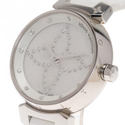 Louis Vuitton White Mother of Pearl Stainless Steel Diamonds Tambour Q132H  Women's Wristwatch 34 mm Louis Vuitton