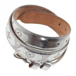 Pre Owned Louis Vuitton Silver Leather Mahina Perforated Belt Size 90CM