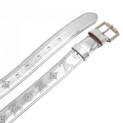 Pre Owned Louis Vuitton Silver Leather Mahina Perforated Belt Size 90CM