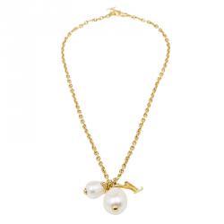 Pre Owned Louis Vuitton Damier Perle Pearl Gold Tone Pendant Necklace
