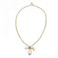 Pre Owned Louis Vuitton Damier Perle Pearl Gold Tone Pendant Necklace