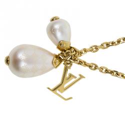 Pre Owned Louis Vuitton Damier Perle Pearl Gold Tone Pendant Necklace